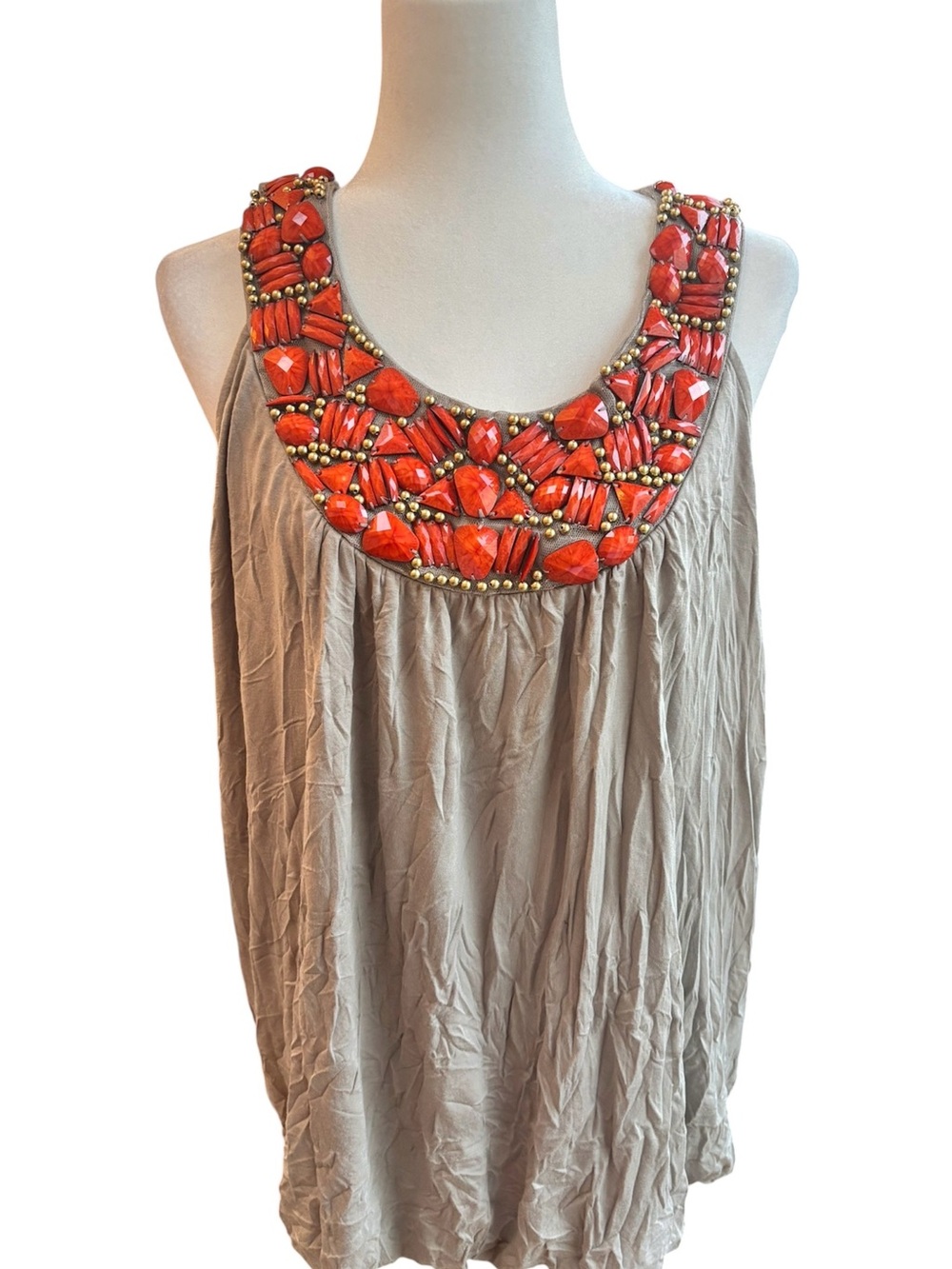 NWT ALFANI WOMAN PLUS 3X BEADED STATEMENT NECKLINE TANK TOP BLOUSE CORAL TAN